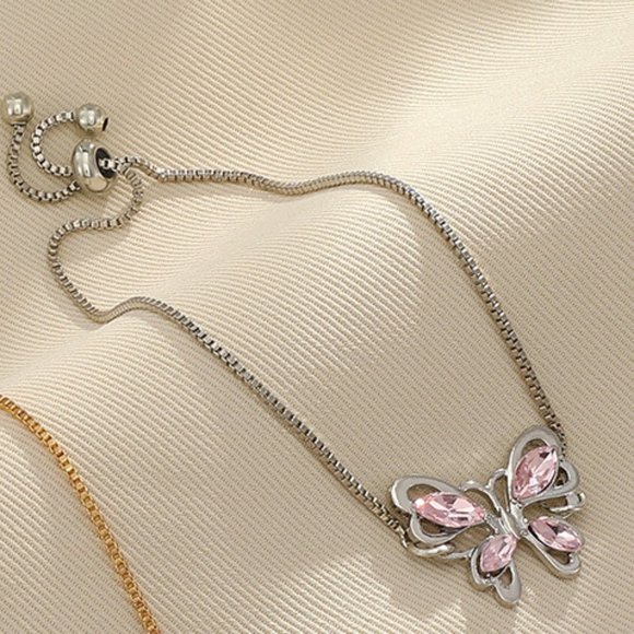3/$35 Pink Butterfly Charm Pendant Silver Chain Bracelet Copper Crystal Jewelry - Picture 6 of 7